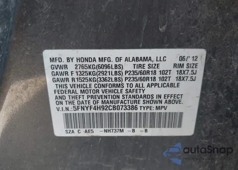 2012 Honda Pilot Touring z USA, uszkodzony, nr VIN 5FNYF4H92CB073386